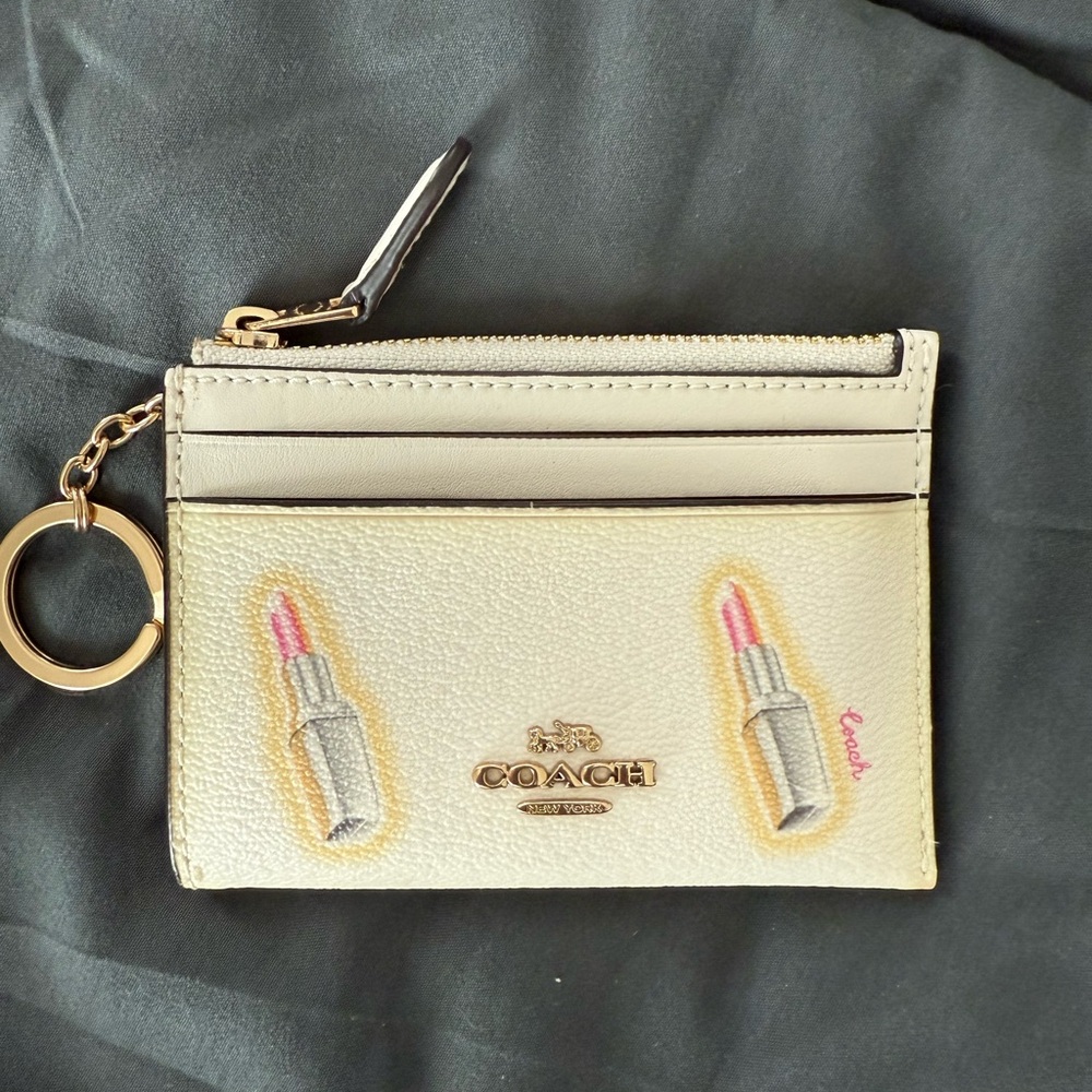 Coach Beige Card Holder with Lipstick Motif